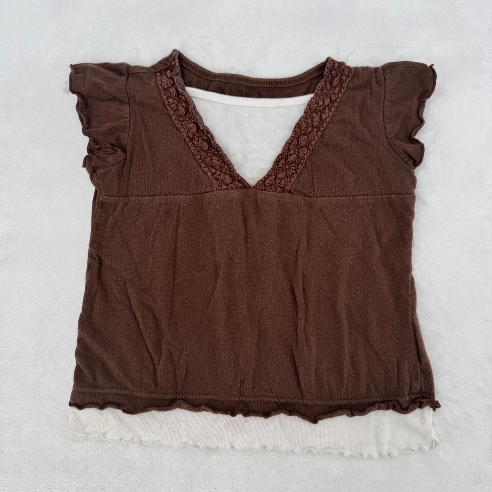Faded Glory Girls Brown Y2K Layered Look Top Crochet Lace V-Neck Size XS 4/5 Vtg